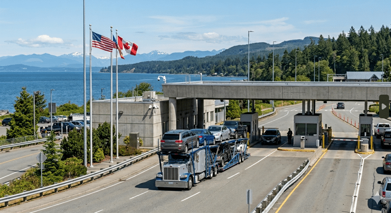 Auto transport carrier crossing the US-Canada border at Blaine, Washington