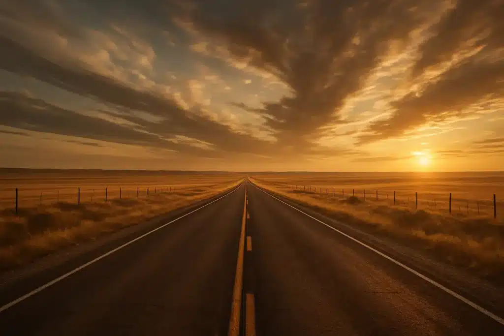Empty Texas highway at sunrise stretching through golden plains and wide open landscape.