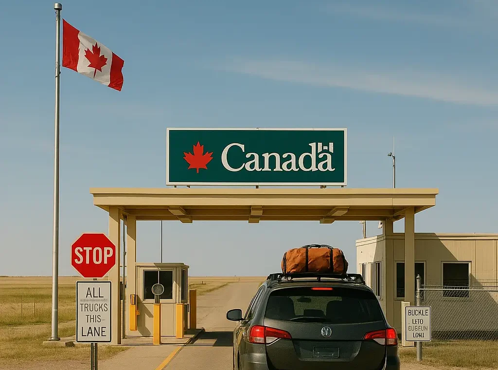 Family SUV with rooftop luggage waiting at rural Canada border crossing from North Dakota to Saskatchewan, under clear blue sky with open plains and Canada sign overhead.