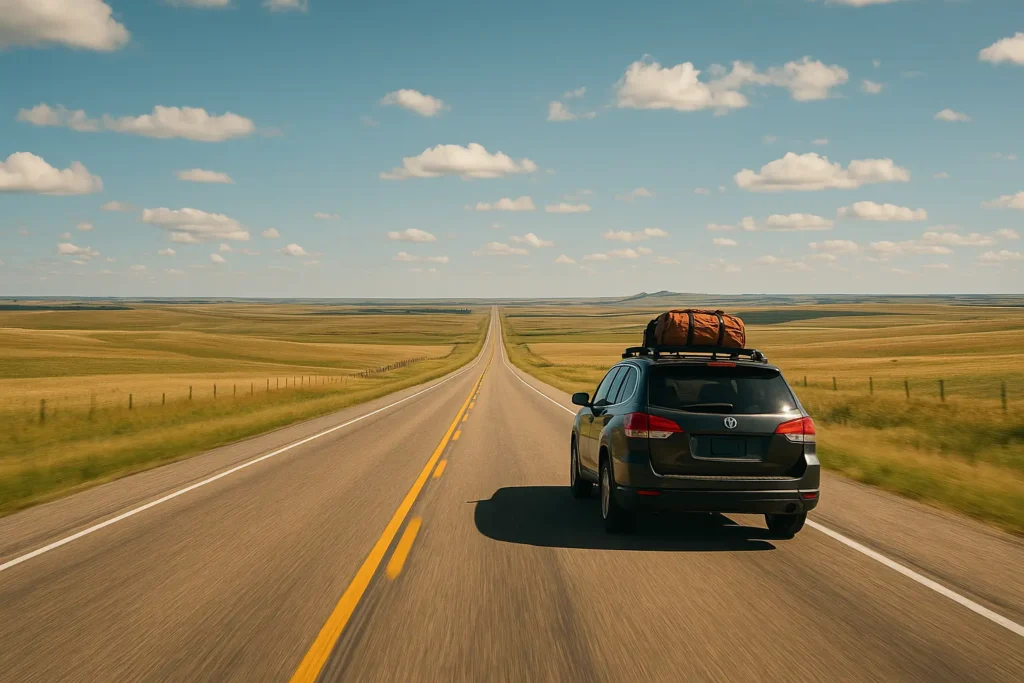 SUV with roof luggage driving through open highway in American prairies under blue sky with clouds, scenic family road trip from Texas to Alberta