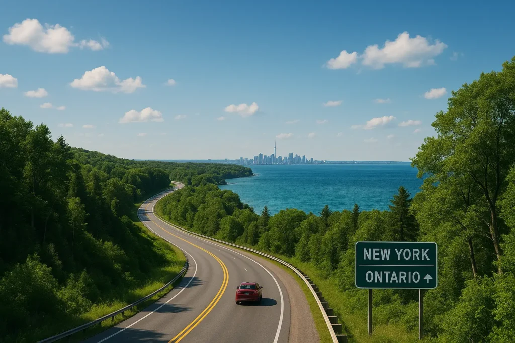 Scenic highway to Toronto along Lake Ontario, summer road trip view.