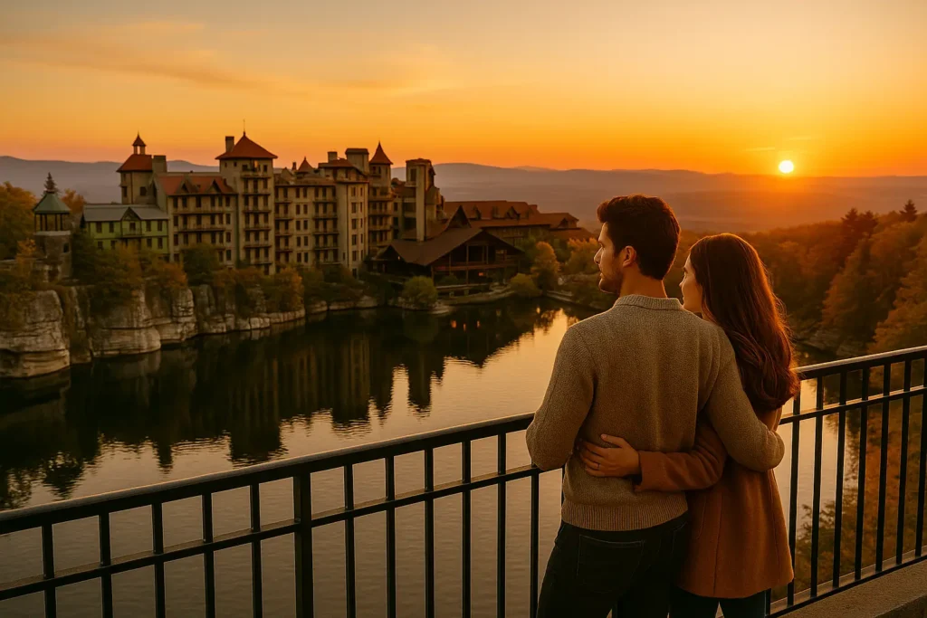 Couple admiring a sunset view from a balcony overlooking Mohonk Mountain House in Hudson Valley, New York, with a mountain lake backdrop and warm golden-hour lighting.