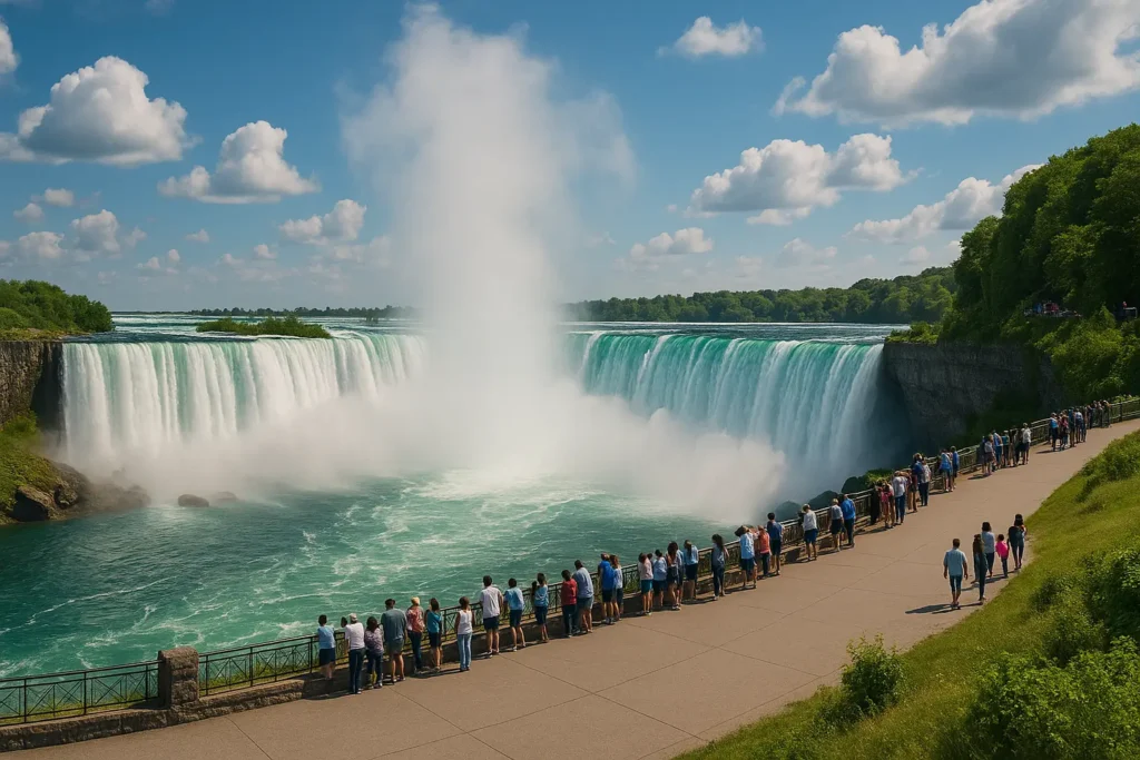 Niagara Falls from Canada with mist, tourists, and bright sky.