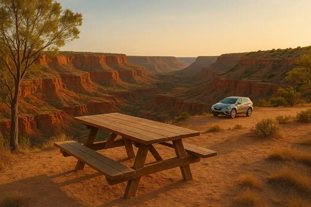 Picnic table on a desert overlook at sunset with a silver SUV parked beside layered red-rock canyons.