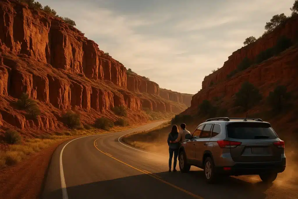 Couple standing beside an SUV on a winding desert road, watching the sun light up the tall red cliffs.