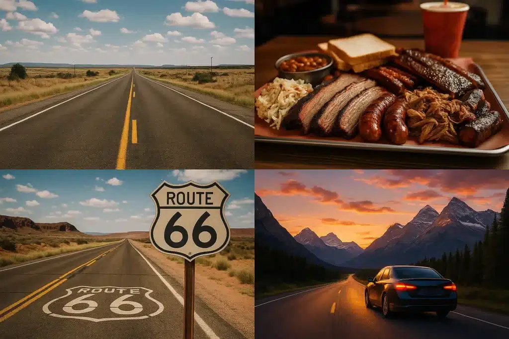 Route 66 road trip collage featuring open highways, classic road sign, barbecue platter, and a sunset mountain drive.