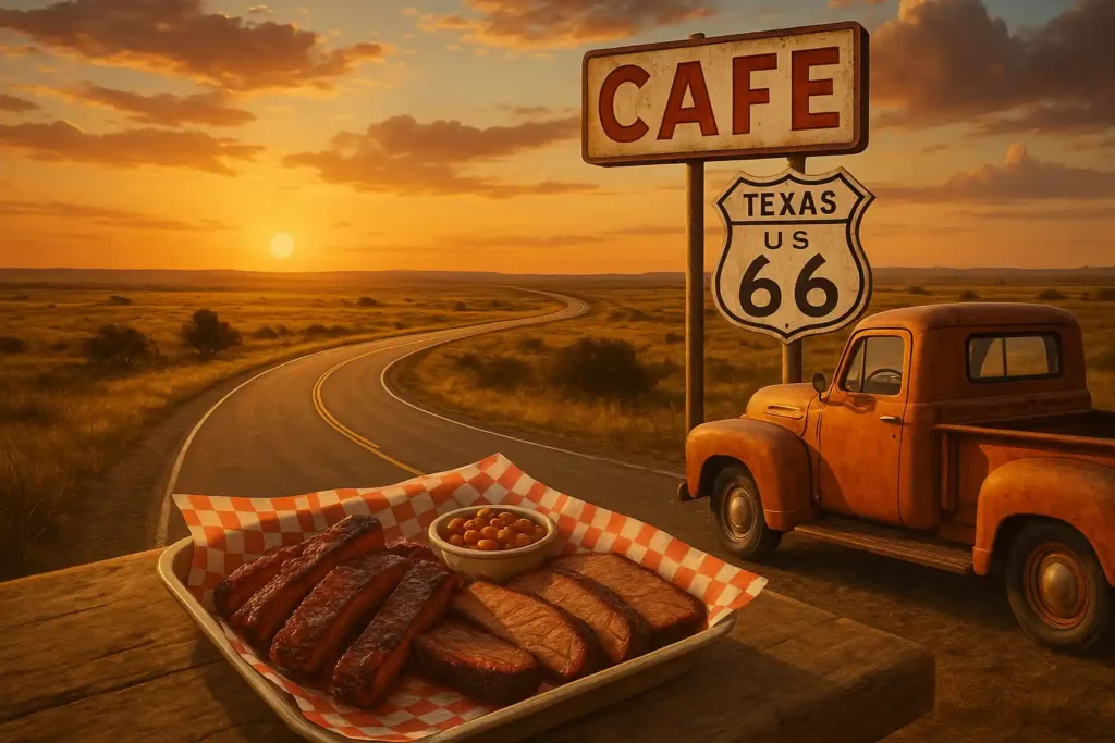 Texas Route 66 sunset scene with vintage truck and barbecue plate outside a roadside café.