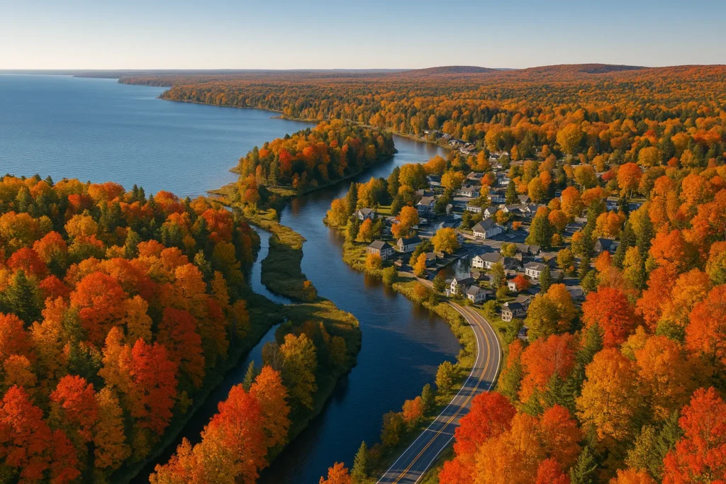 Aerial photo of the Great Lakes region during autumn, showing vibrant red, orange, and yellow foliage, a winding river, a lakeside town, and scenic roads under clear blue skies.