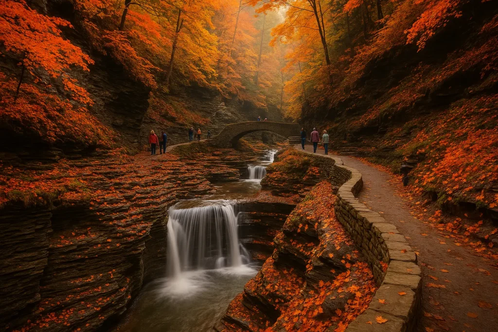 Tourists walking along stone trails beside waterfalls in Watkins Glen State Park gorge, surrounded by vivid orange and red autumn leaves with soft sunlight filtering through trees.