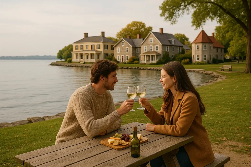 Charming lakeside picnic scene in Niagara-on-the-Lake, Ontario. A couple toasts wine with cheese, historic buildings in the background, soft natural light, and a romantic travel vibe.