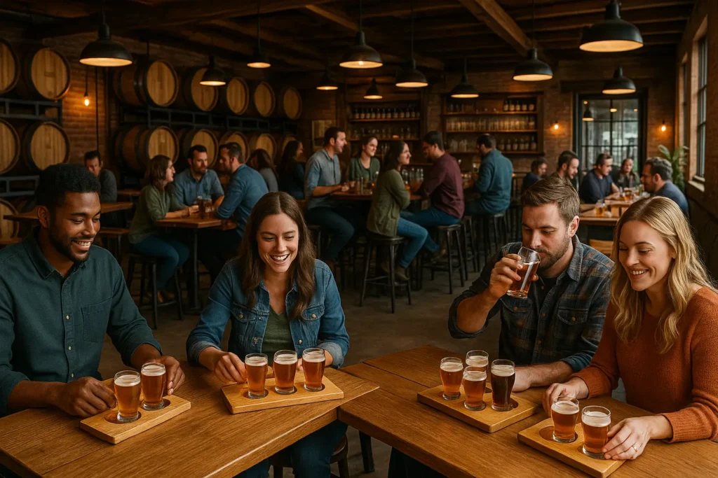 Friends enjoying beer flights in a cozy craft brewery with barrels and rustic decor
