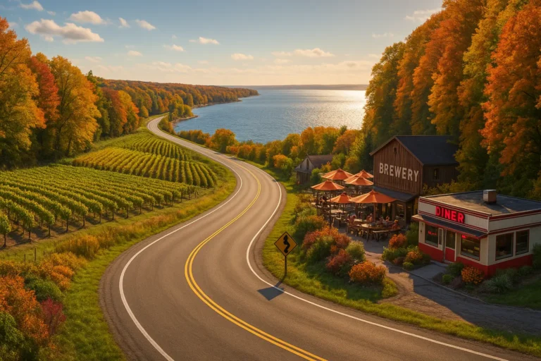 Autumn road trip by a Great Lake with colorful foliage, vineyards, a diner and a lakeside brewery.