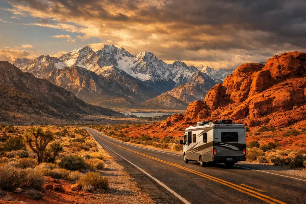 Modern RV road trip scene showing transition from Alberta’s rugged peaks to Nevada’s desert, perfect for adventure travel blogs or RV lifestyle promotions.