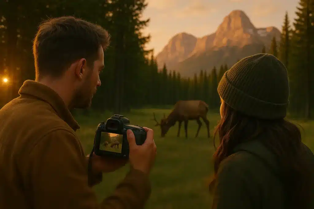 A realistic close up scene on Banff’s Bow Valley Parkway showing a couple photographing elk grazing in a forest clearing, with lush pine trees, a DSLR camera in hand, and the Rocky Mountains glowing in warm sunset light.
