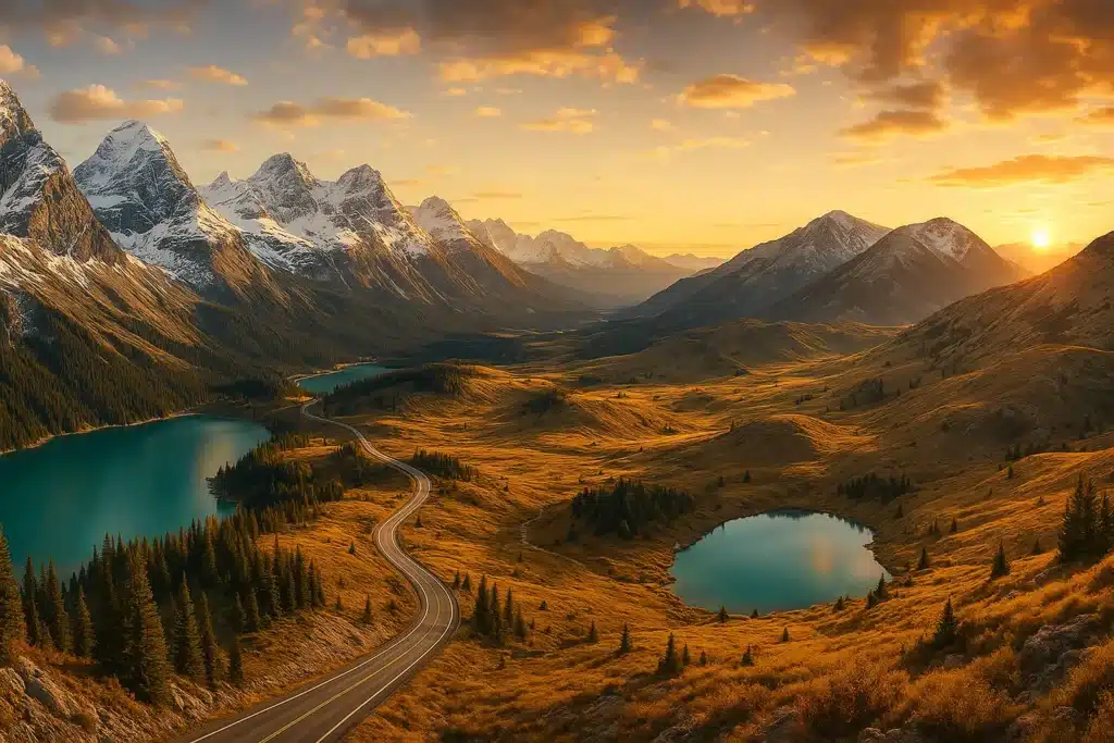 Cinematic panorama of the Canadian Rockies and Colorado Rockies with a winding scenic highway, snow-capped peaks, turquoise alpine lakes, and golden sunset lighting—hyper-realistic travel photography in 8K clarity