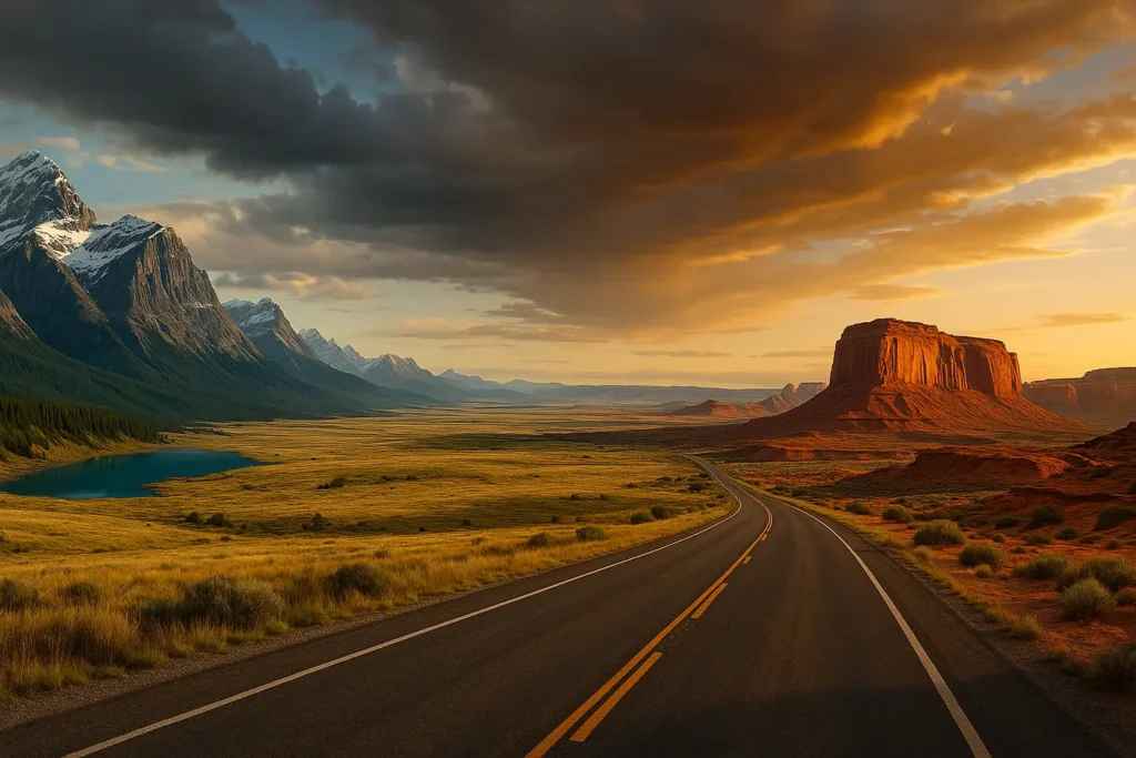 Panoramic landscape showing seamless transition from Alberta’s Canadian Rockies to Nevada’s red-rock desert with snow-capped peaks, Montana plains, and sandstone mesas at sunset realistic 8K desert-to-mountain road view.