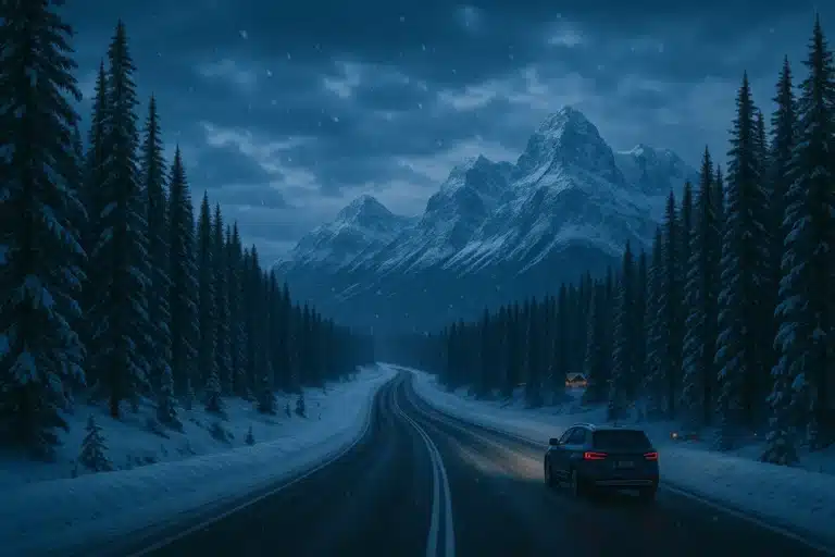 Snowy Rocky Mountain highway at dawn with SUV and pine forests.