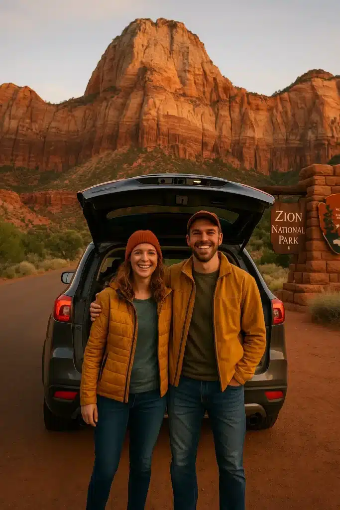 Happy couple standing in front of their packed SUV at sunrise in Zion National Park with towering red sandstone cliffs, visible Alberta and Nevada license plates, and a national park entrance sign in the background cross-border adventure scene