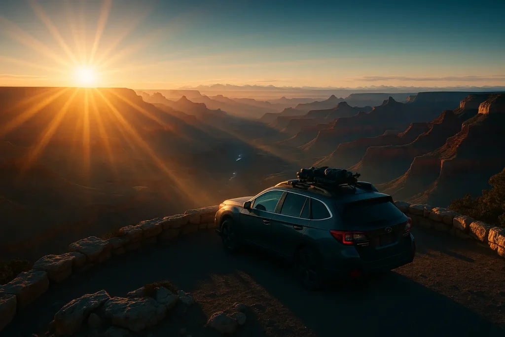 Epic aerial sunrise over the Grand Canyon South Rim at Mather Point with a dark-blue Subaru Outback parked at the overlook, roof rack loaded with hiking gear, glowing canyon layers, sunburst rays, and distant snow-capped Rockies on the horizon.