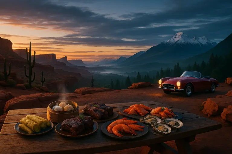 Scenic wide-angle view of a steaming gourmet picnic on a red-rock cliff in Utah at civil dawn, featuring green chile tamales, bison short ribs, Pacific spot prawns, oysters, and smoked salmon, with a vintage red convertible, misty pine forests, and snow-capped Coast Mountains in the background