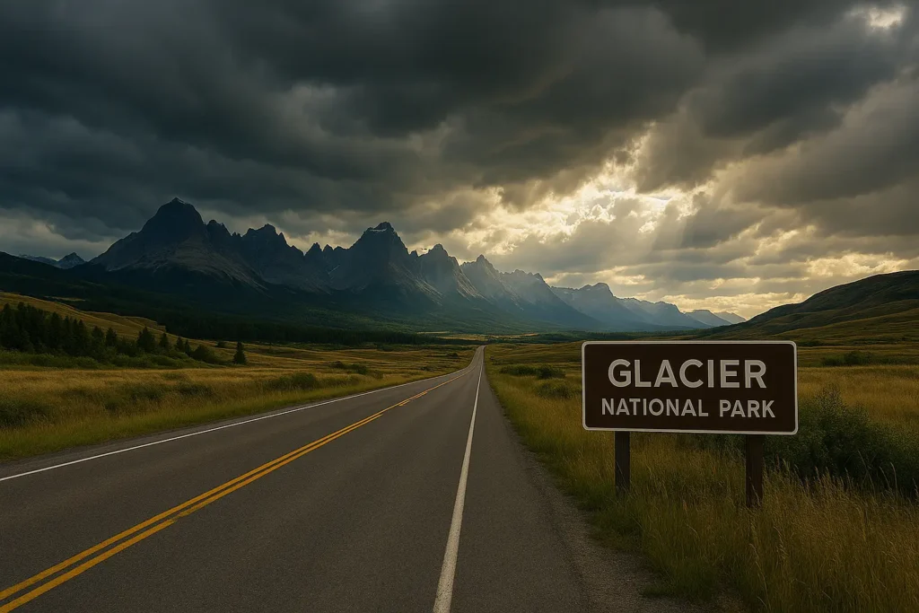 Dramatic view of the highway approaching Glacier National Park from Alberta with rolling foothills, storm clouds, sun rays breaking through, and jagged mountain peaks realistic wide-angle landscape photography.