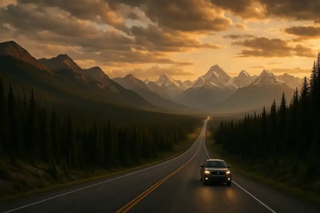 A cinematic wide angle view of a long mountain highway stretching from Colorado toward Alberta during golden hour, with dense pine forests, rugged peaks transitioning into the Canadian Rockies, and a single SUV driving toward distant snow-capped mountains under dramatic clouds.