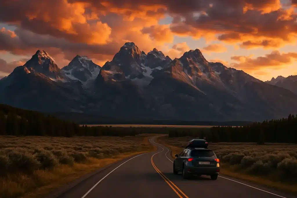 Adventure vehicle driving along a winding highway toward jagged Rocky Mountains at golden hour, with dramatic orange and purple clouds overhead.