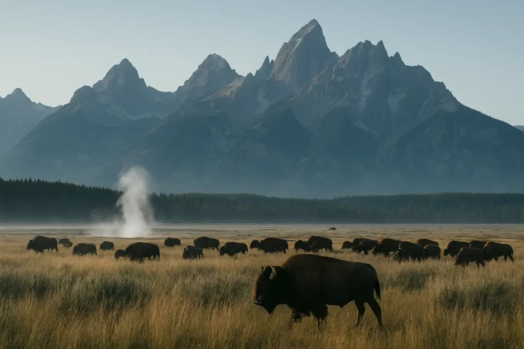 Herd of bison grazing in a misty mountain valley at sunrise with geothermal steam rising and the Grand Teton peaks in the background.