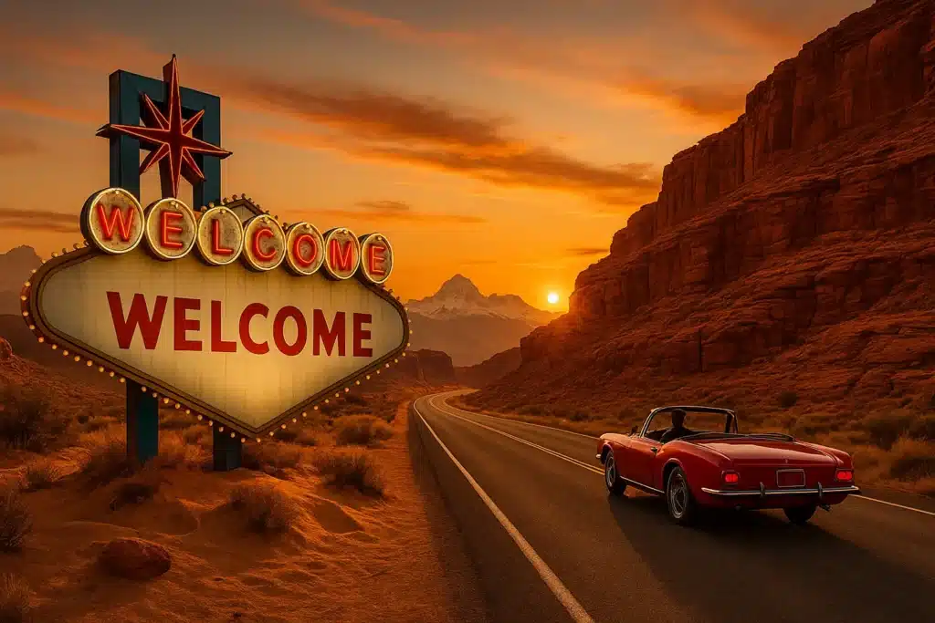 Cinematic travel photo of a classic red convertible on a winding desert highway at sunset, with a retro Las Vegas-style ‘Welcome’ sign in the foreground and Rocky Mountain peaks on the horizon symbolic North American road trip image.