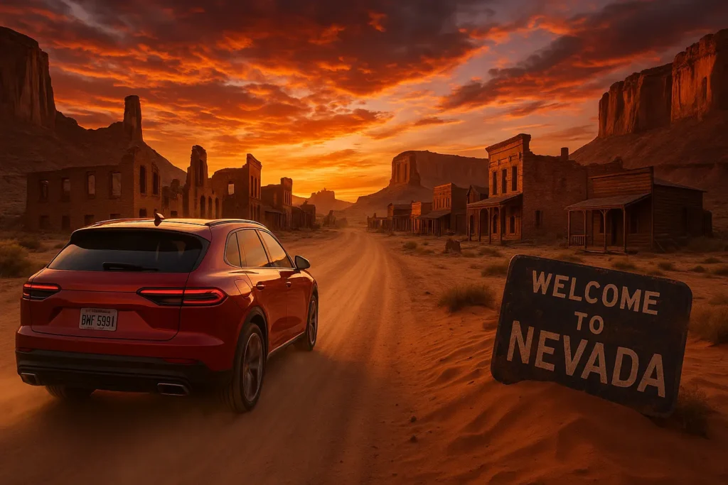Red luxury SUV with Alberta license plate driving down a dusty desert road at sunset toward an 1800s ghost town in Nevada, with crumbling brick buildings, wooden saloons, and dramatic red-rock mesas under a fiery orange and purple sky, passing a weathered 'Welcome to Nevada' sign half-covered in sand.