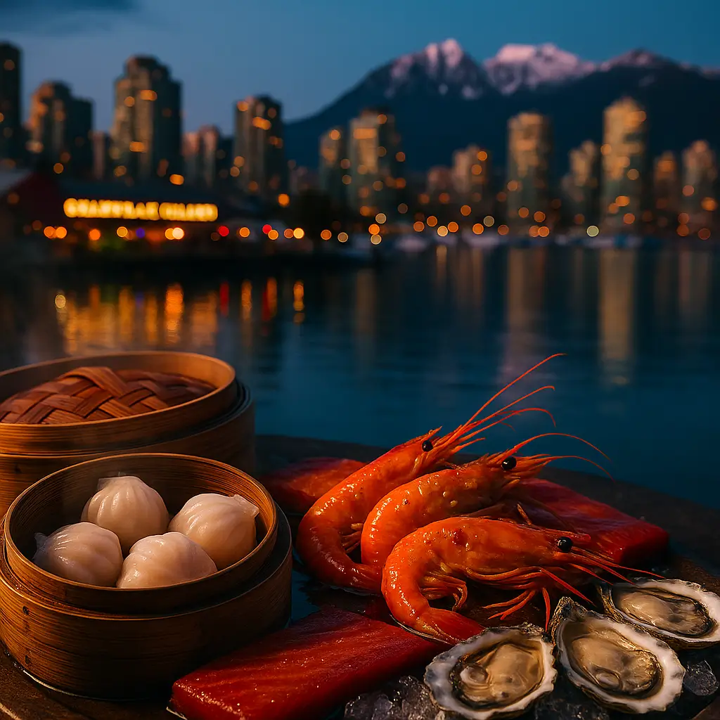 Cinematic food scene at dusk on Vancouver’s Granville Island with bamboo baskets of crystal shrimp dumplings, spot prawns, smoked salmon, and fresh oysters on ice, set against False Creek with city skyline lights and North Shore mountains glowing in twilight.