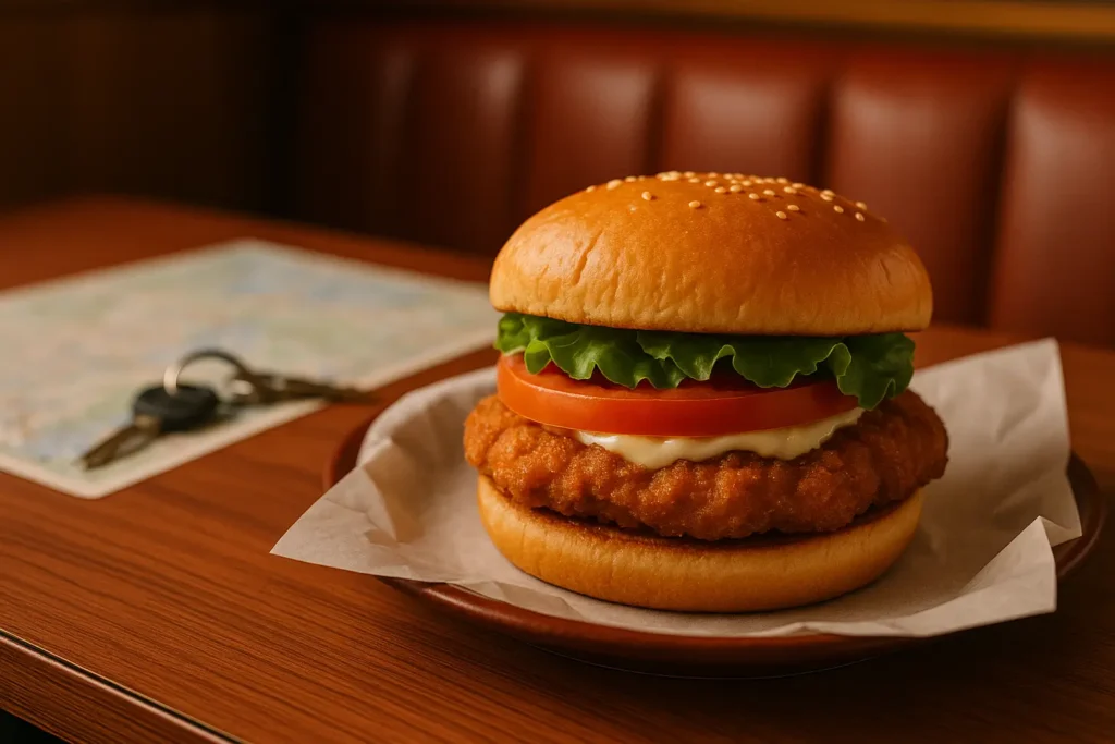 Close-up of a crispy chicken sandwich with lettuce, tomato, and mayo in a classic American diner, with a road map and RV keys blurred in the background, evoking a nostalgic road trip vibe.