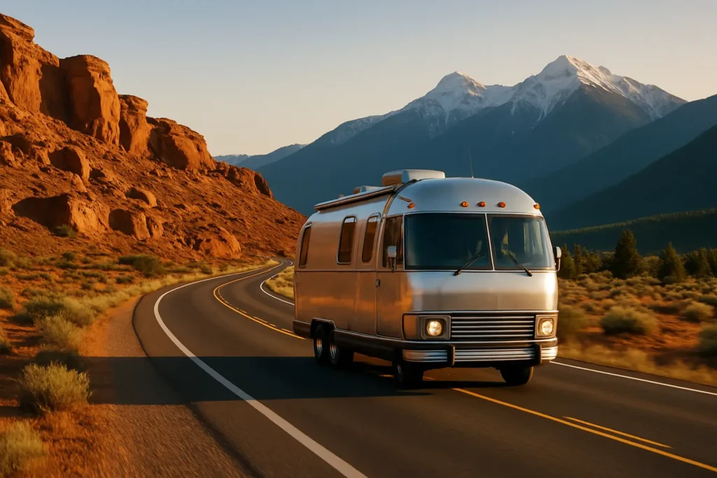 Classic Airstream RV driving along a winding highway at golden hour, with red rock formations on one side and snow-capped mountains in the distance, capturing the scenic transition from Southern Utah to the Montana border.
