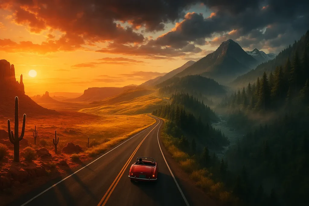 Aerial view of a vintage red convertible driving along a winding highway through Arizona desert, golden plains, pine forests, and coastal rainforest at sunset, with lens flares, dramatic clouds, and cinematic lighting