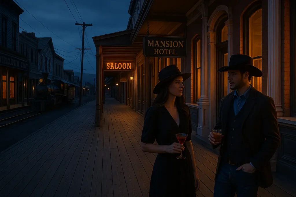 Stylish couple in elegant Western attire sipping cocktails outside a restored mansion hotel on Virginia City's historic main street at blue hour, with glowing saloon windows, wooden boardwalks, and a vintage 1870s steam train in the background under moody twilight lighting.