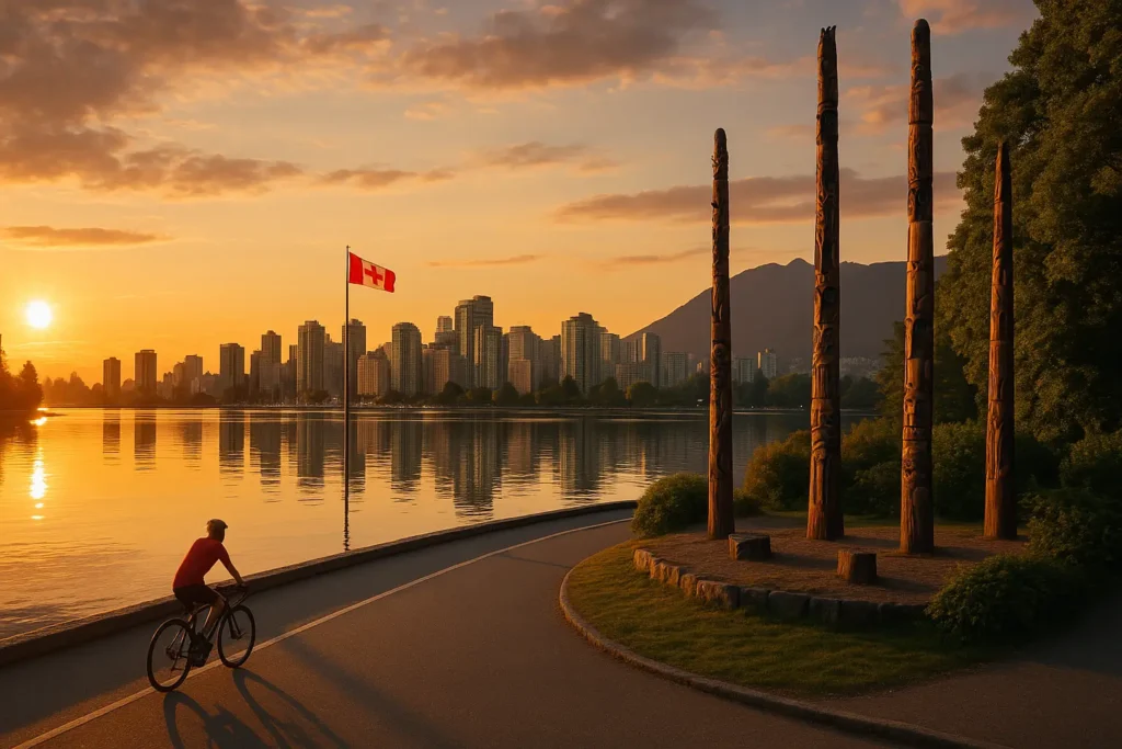 Cyclist riding along Vancouver's Stanley Park seawall at sunset, with totem poles in foreground, Canadian flag waving, downtown skyline and North Shore mountains reflected in calm English Bay waters.