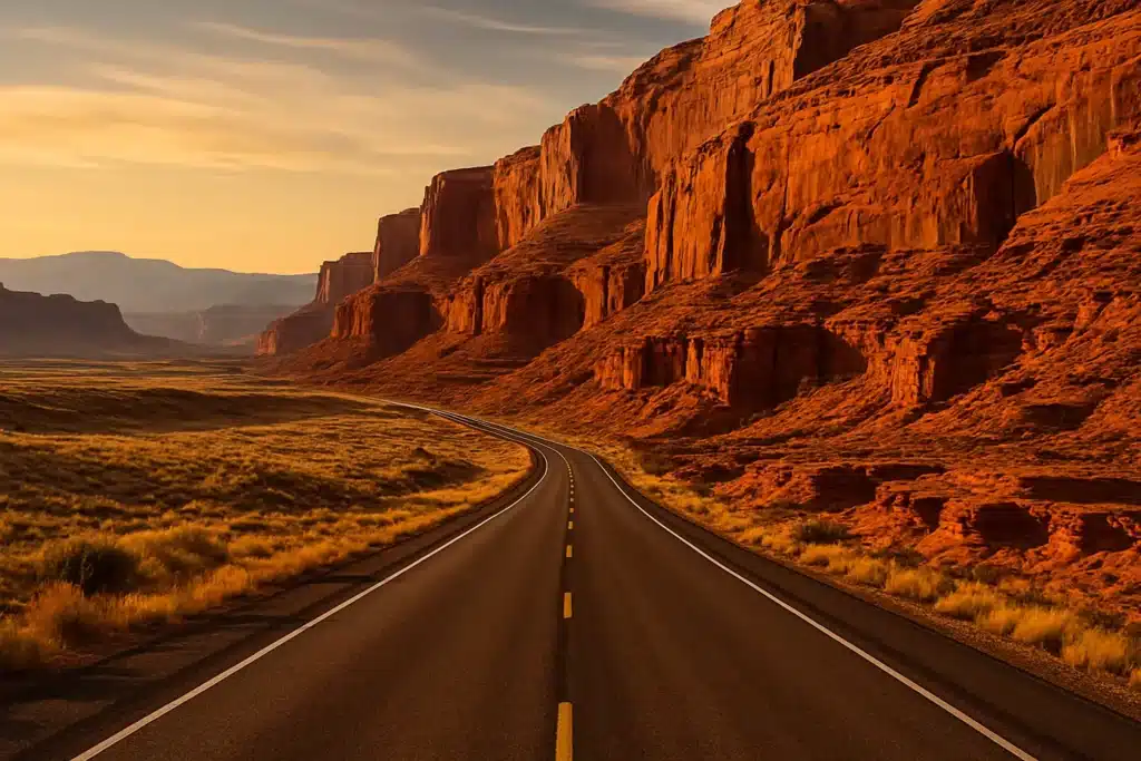 Cinematic highway scene transitioning from Wyoming’s open high desert to Utah’s red-rock canyons, with layered sandstone cliffs, vivid desert tones, and long shadows under intense sunlight realistic western US landscape