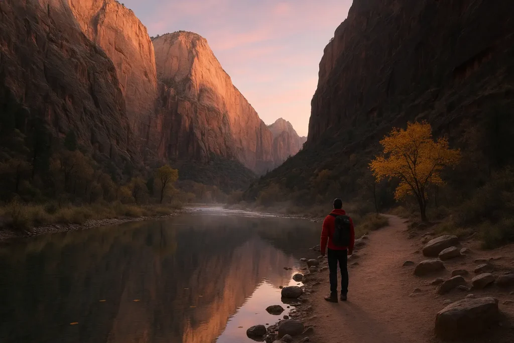 Cinematic sunrise view of Zion National Park's Virgin River from Riverside Walk trail, featuring a lone hiker in a red jacket, towering sandstone cliffs, golden cottonwood tree, and soft morning mist in autumn.