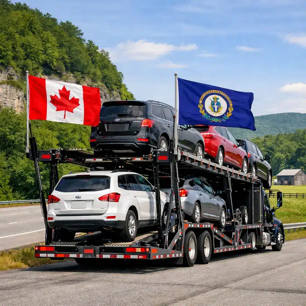 Arizona to Canada Open Car Transport – Phoenix & Scottsdale Car carrier with flags on highway