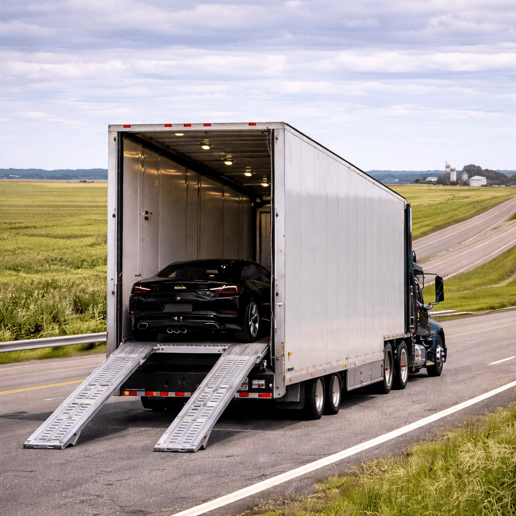 Enclosed auto transport truck shipping vehicles between Kansas and Canada