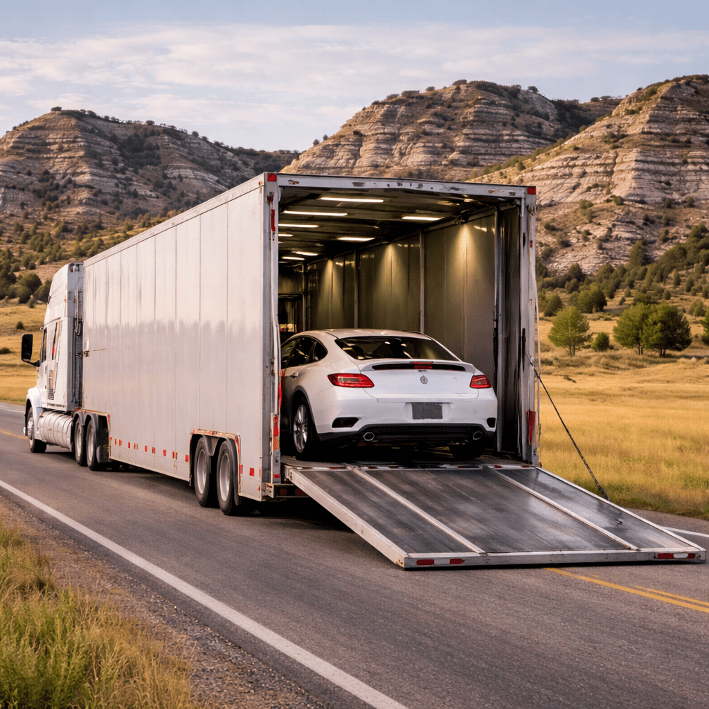 Enclosed auto transport truck shipping vehicles between North Dakota and Canada