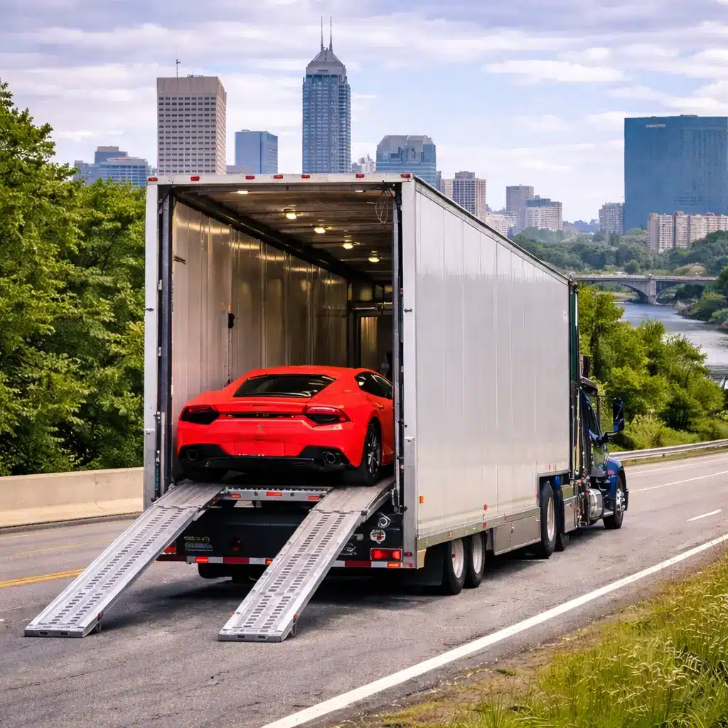 Enclosed auto transport truck shipping vehicles between Indiana and Canada