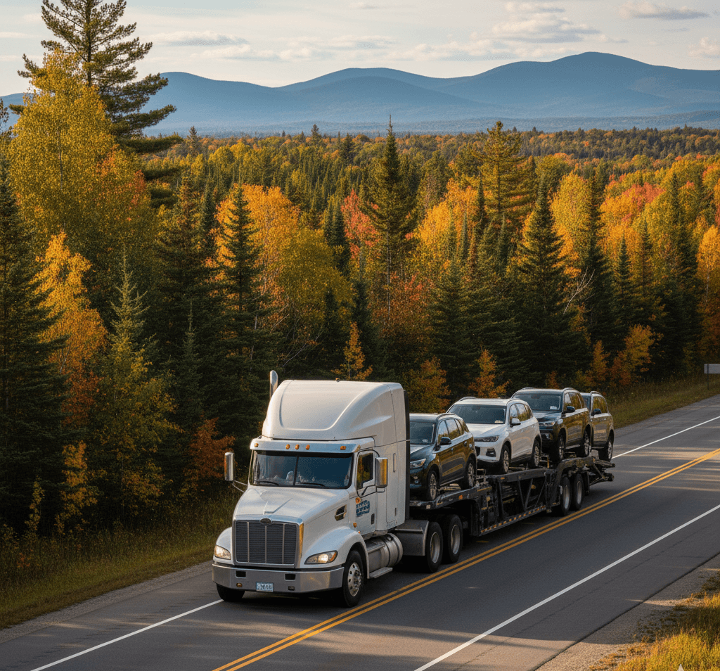 Open auto transport truck operating in or near Maine