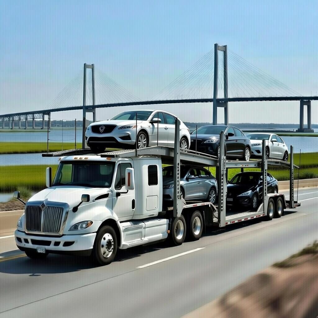 Open auto transport truck shipping vehicles between Massachusetts and Canada