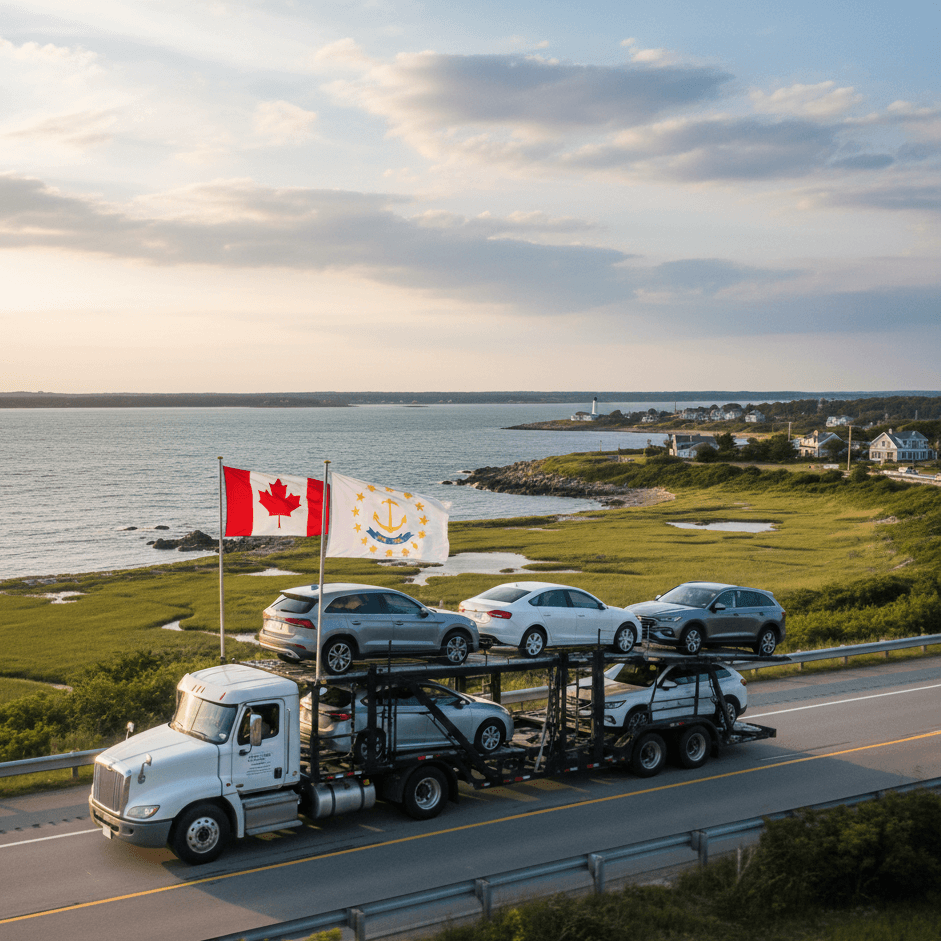 Open transport truck with Canadian flag and Rhode Island state flag.