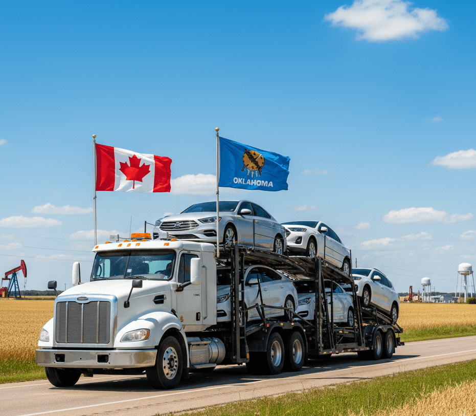 Open transport truck with Canadian flag and Oklahoma state flag.