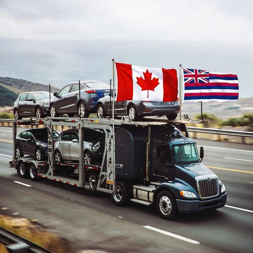 Open transport truck with Canadian flag and Hawaii state flag.