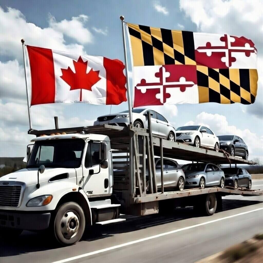Open transport truck with Canadian flag and Maryland state flag.