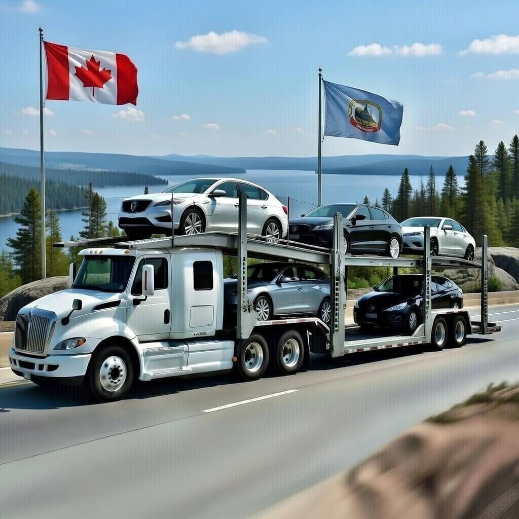 Open transport truck with Canadian flag and Minnesota state flag.
