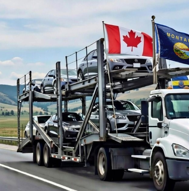 Open transport truck with Canadian flag and Montana state flag.